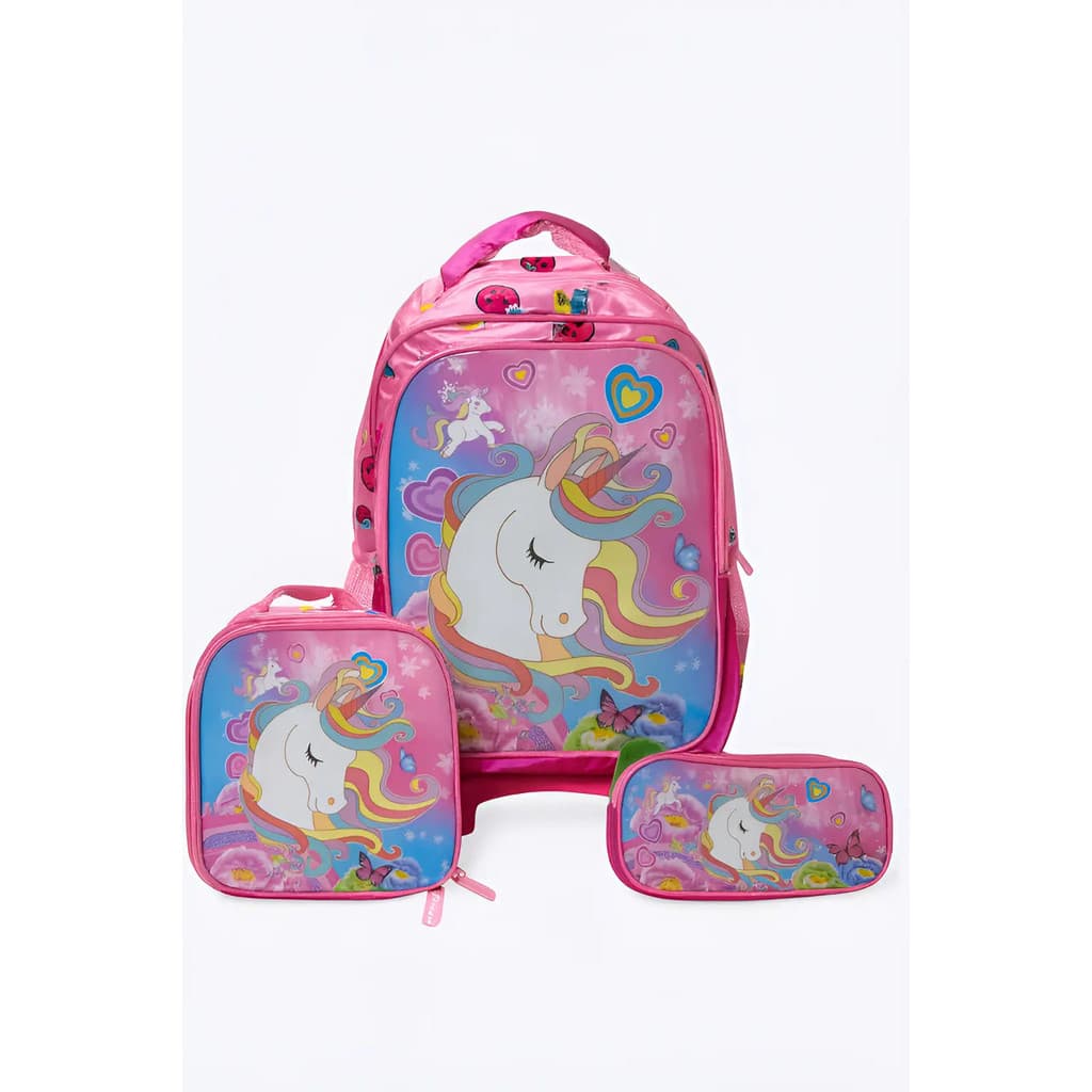 Kit Escolar Mochila Carrinho Unicórnio + Lancheira + Estojo