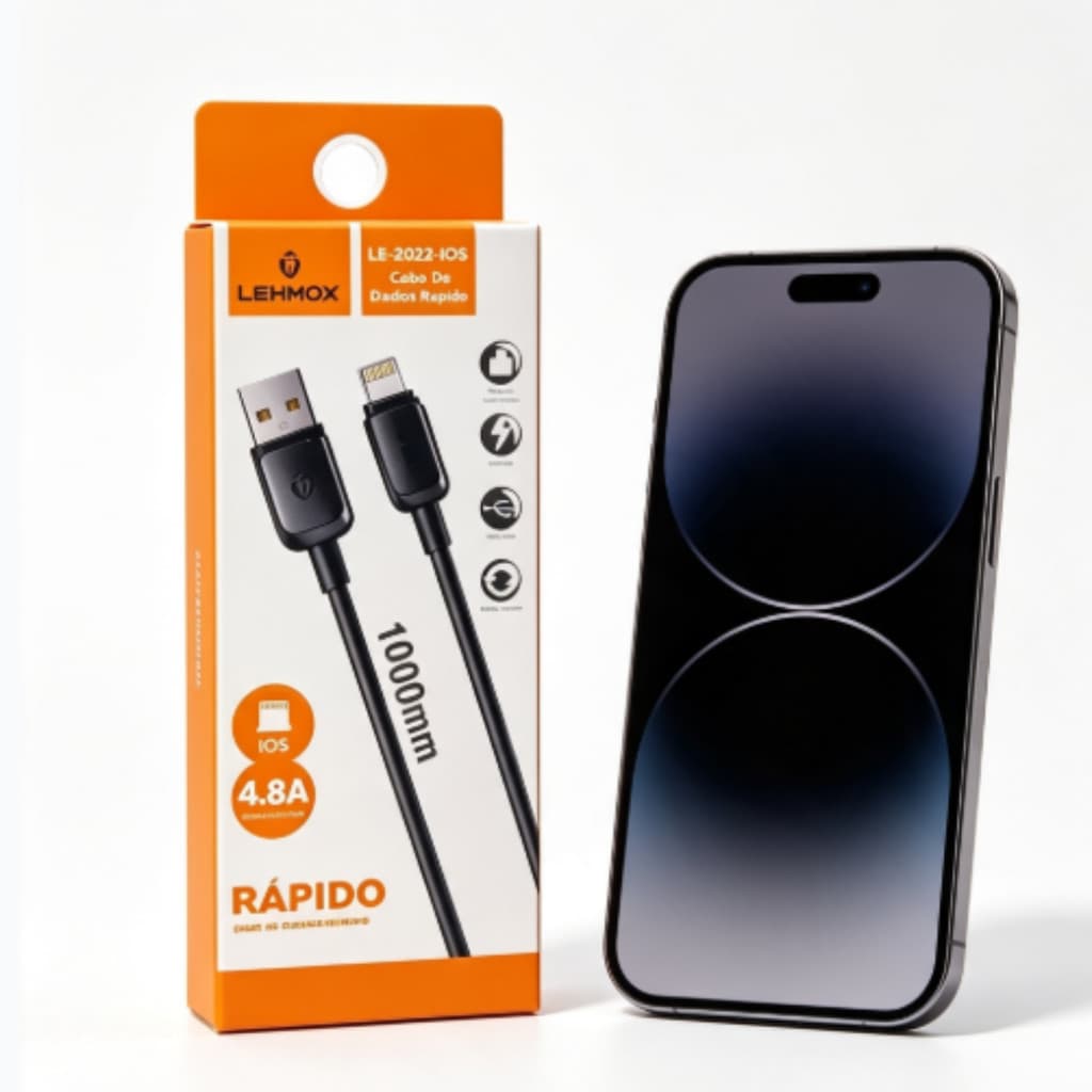 cabo preto IPhone Lightning 7, 8, 9, XR, 12, 13 e 14 Pro Max Turbo Carregamento Rápido IOS