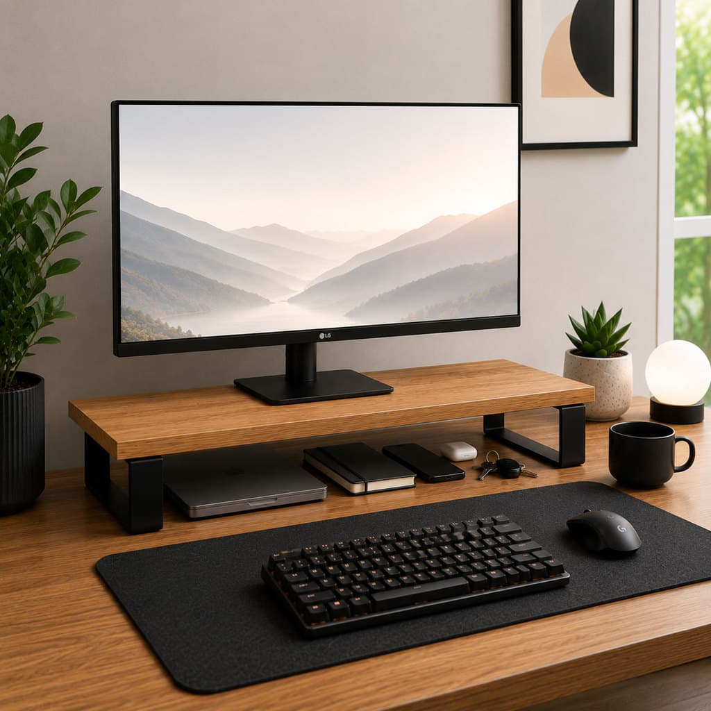 Suporte Para Monitor Setup Gamer Stand 60x22 MDF Freijó Estilo Industrial Home Office Organizador de Mesa