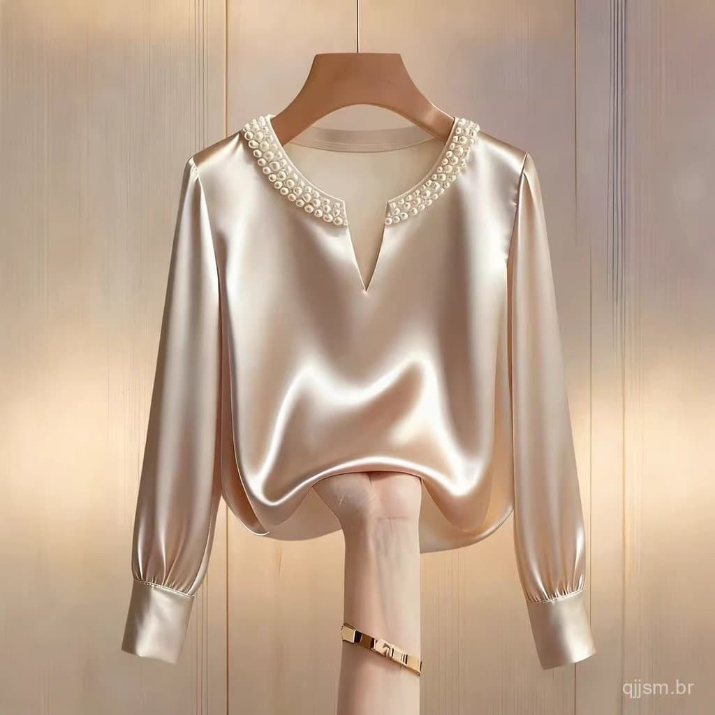 Blusas de Manga Longa Primavera Verão, Tendência Feminina 2026, Nova Camisa Feminina Francesa de Cetim com Pérolas, Eleg