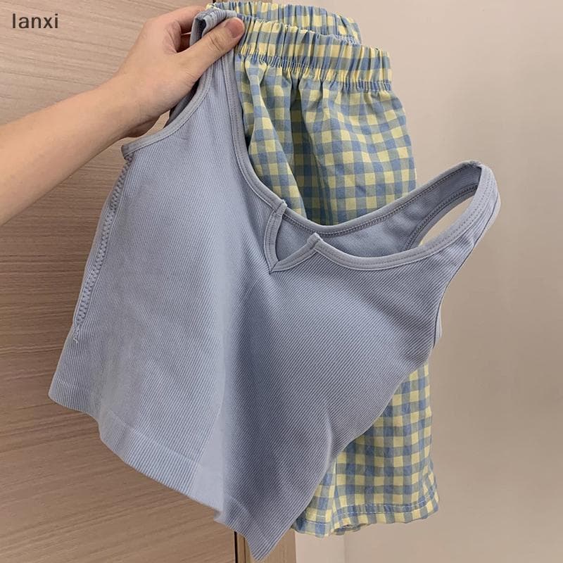 [LANXI] Conjunto De Pijama Floral Com Cintura Elástica Para Mulheres Colete Acolchoado E Calças , Roupa De Dormir De Ver