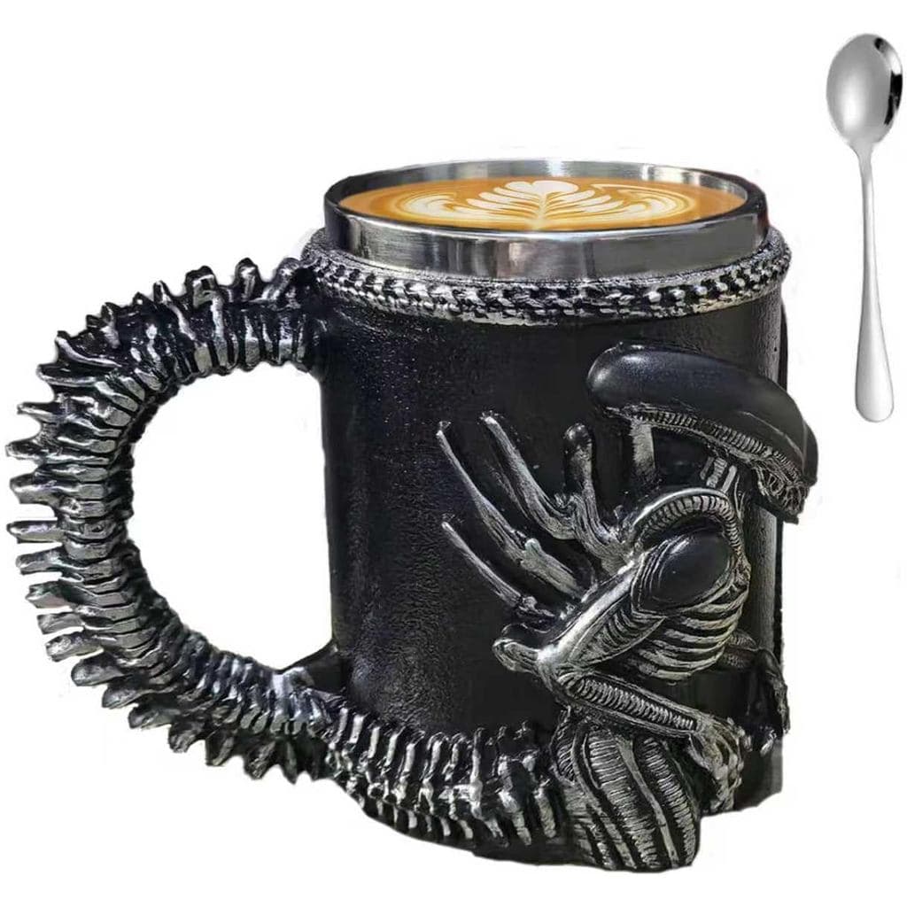 Caneca Alienígena Xenomorfo de 14 OZ com Colher, Presente para Fãs de Alienígenas |   Design Xenomorfo, Resina Externa,
