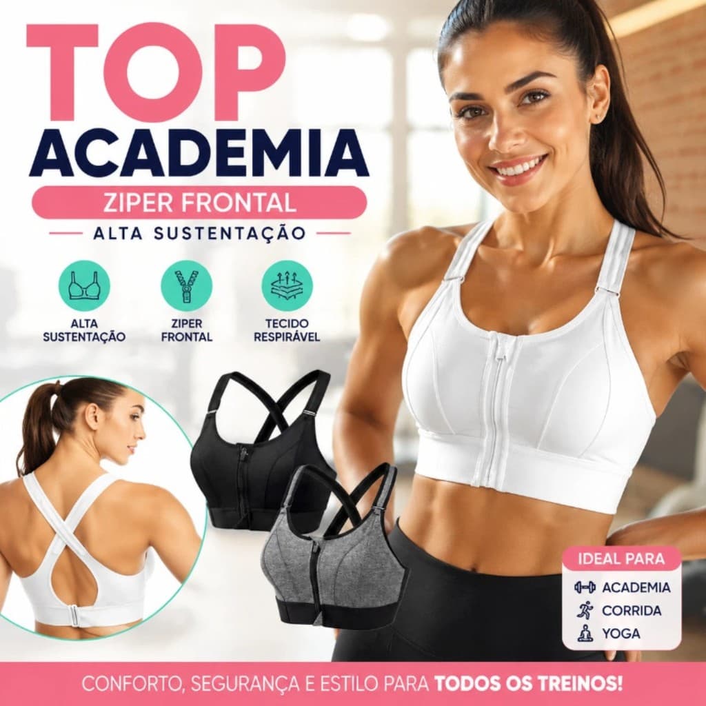 Top Academia Com Ziper Frontal Sutia Esportivo Alta Sustentacao Sem Aro Anti Choque Treino Ioga