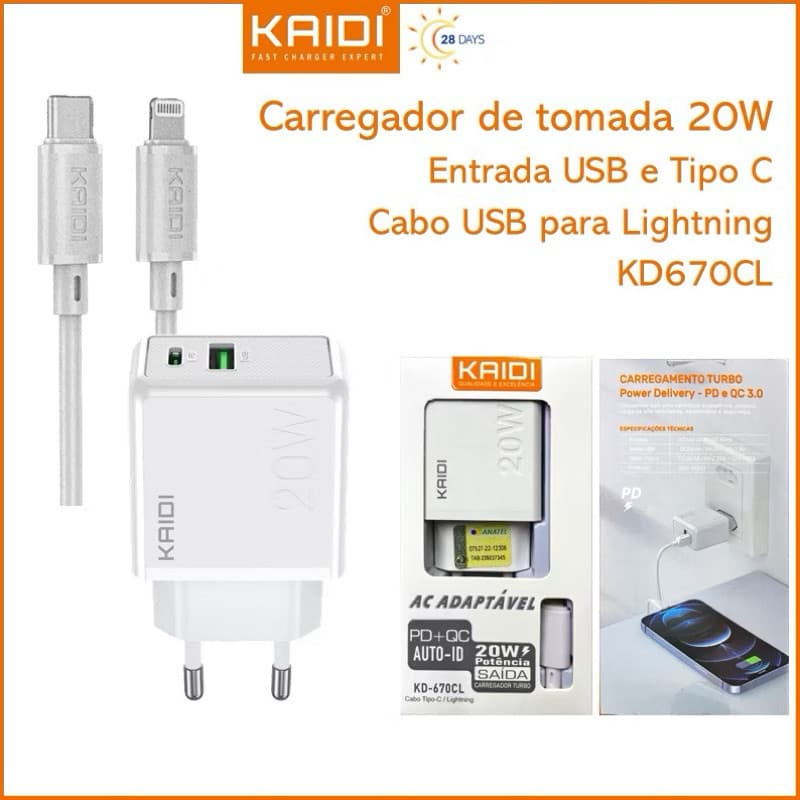 Carregador de Tomada Fonte Turbo com entrada Tipo-C e USB com cabo Lightning iPhone KAIDI KD-670C-L/670C-C