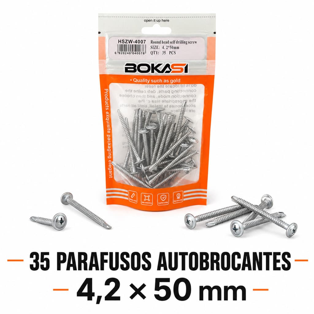 Kit 35 Parafusos Autobrocantes 4,2x50mm Cabeça Redonda Phillips para Metal BOKASI