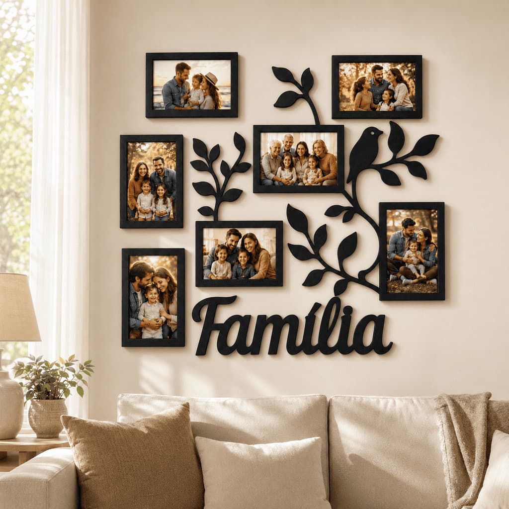 Quadro Porta Retrato Família 7 Fotos 10x15 em MDF Decoração de Parede Árvore Galhos e Pássaros