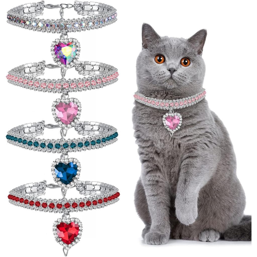 Sanwuta 4 Peças Coleira de Gato com Strass, Coleira de Cão Brilhante em Forma de Coração, Ajustável, Acessórios de Joalh