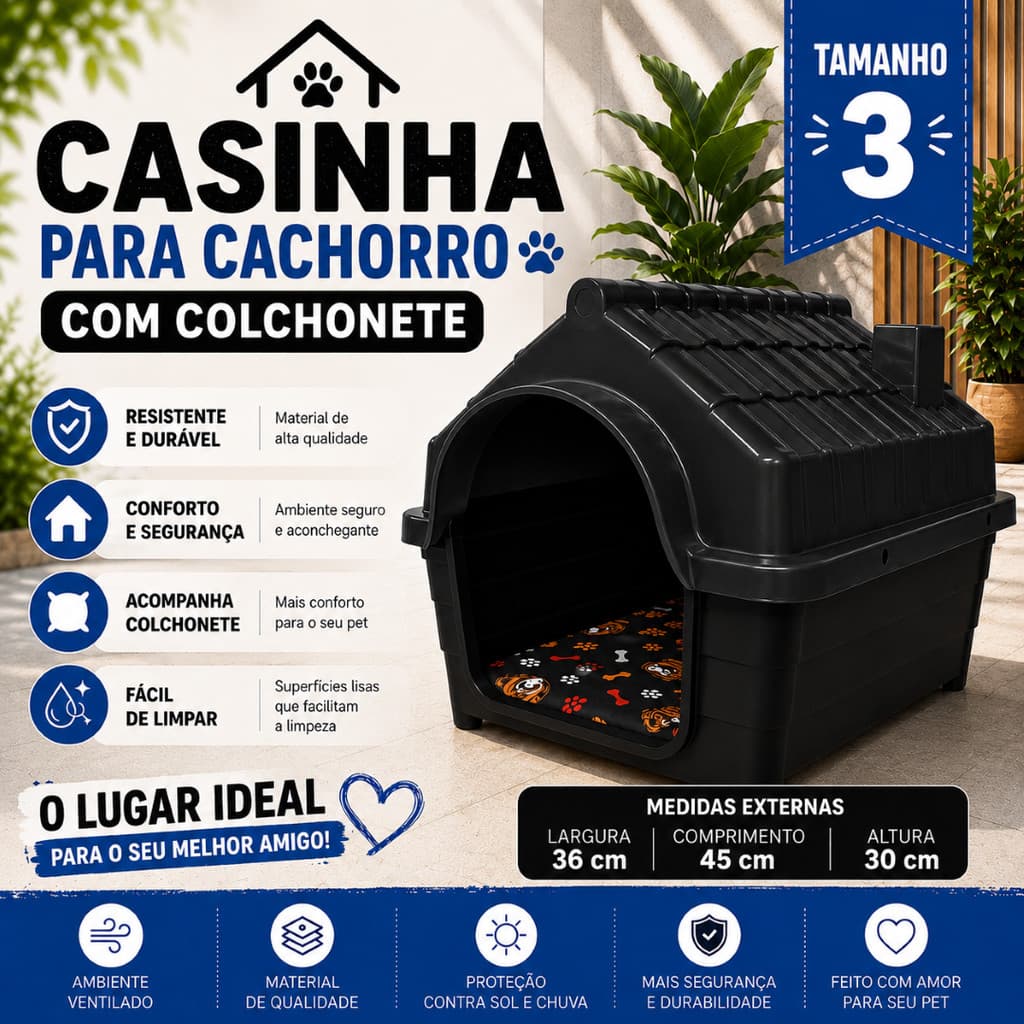 Casinha Plástico Resistente N3 para Cachorro com Colchonete Confortável