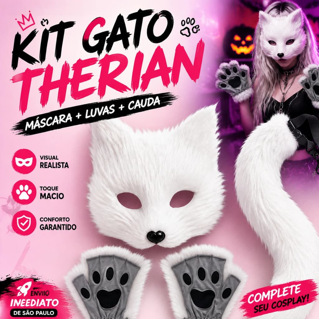 Máscara De Gato Branca Para Cosplay Festa Halloween Baile À Fantasia Com Cauda E Chaveiro