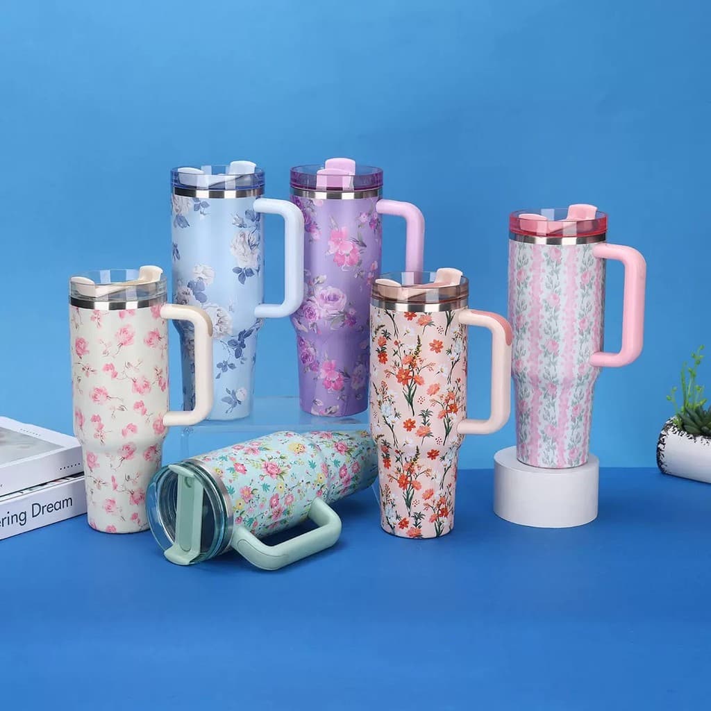 Copo De Padrão floral requintado , 1200ml Aço Inoxidável 304 Com Alça , Tampa De E Retenção De Calor De Palha , Carro De