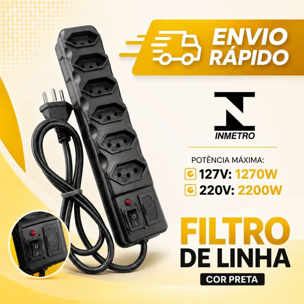 Filtro de Linha Elétrico 6 Tomadas Tripolar 10A Com Fusível de Proteção Resistente