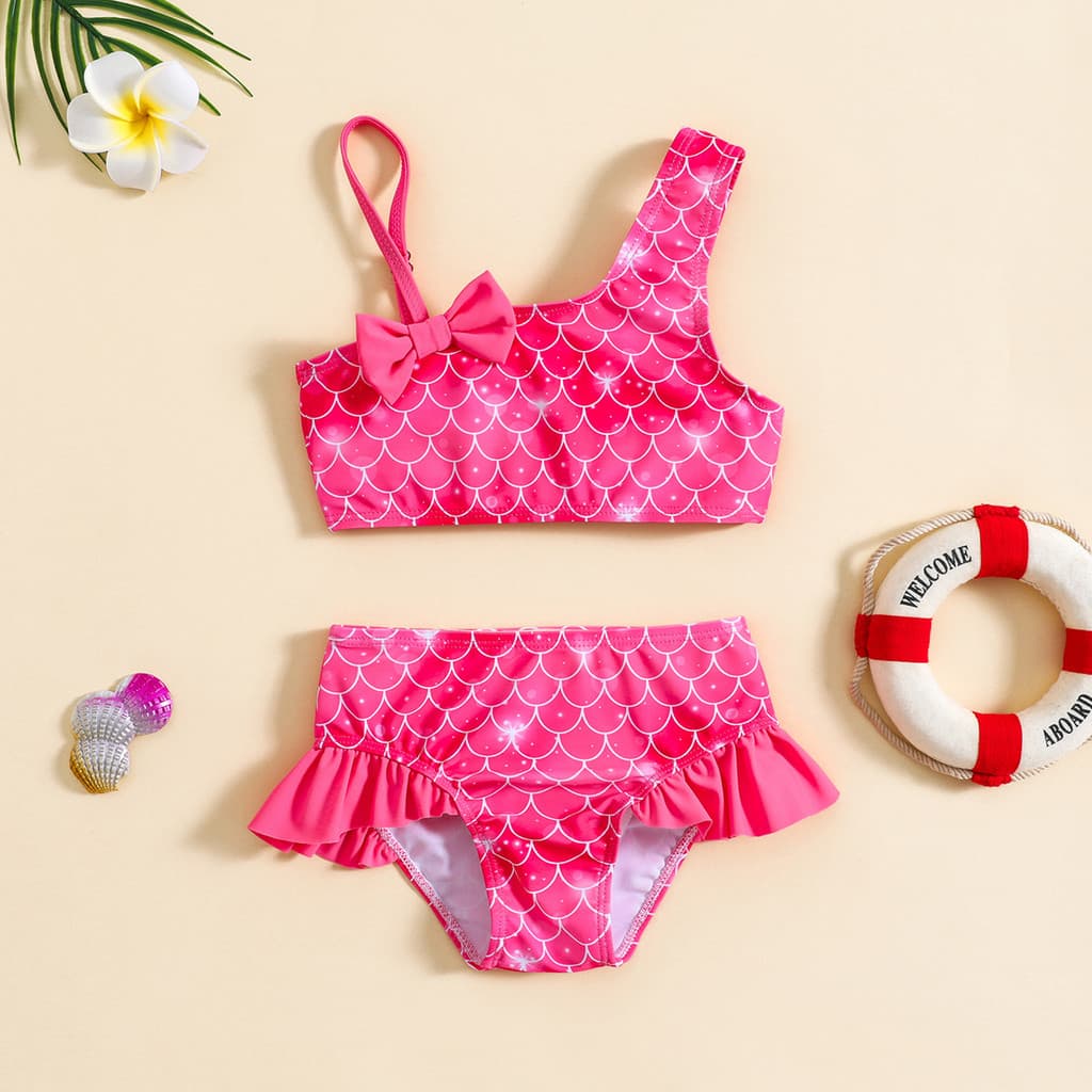 Roupas De Verão Para Bebês , Duas Peças , Roupa De Banho Vermelha Crianças De 3 , 4 , 5 , 6 , 7 Anos , Estampa De Escama