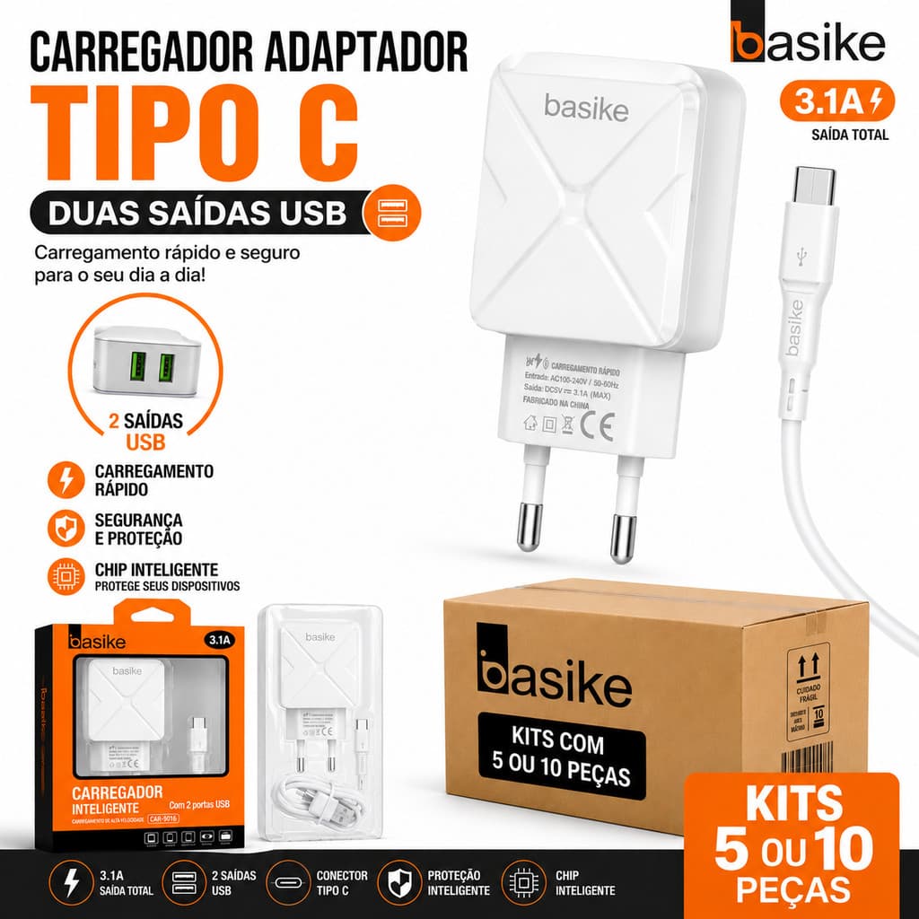 Kit 5 /10 peças Carregador Adaptador USB Tipo C Basike 3.1A 2 Saídas USB Carregamento Rápido Cabo USB