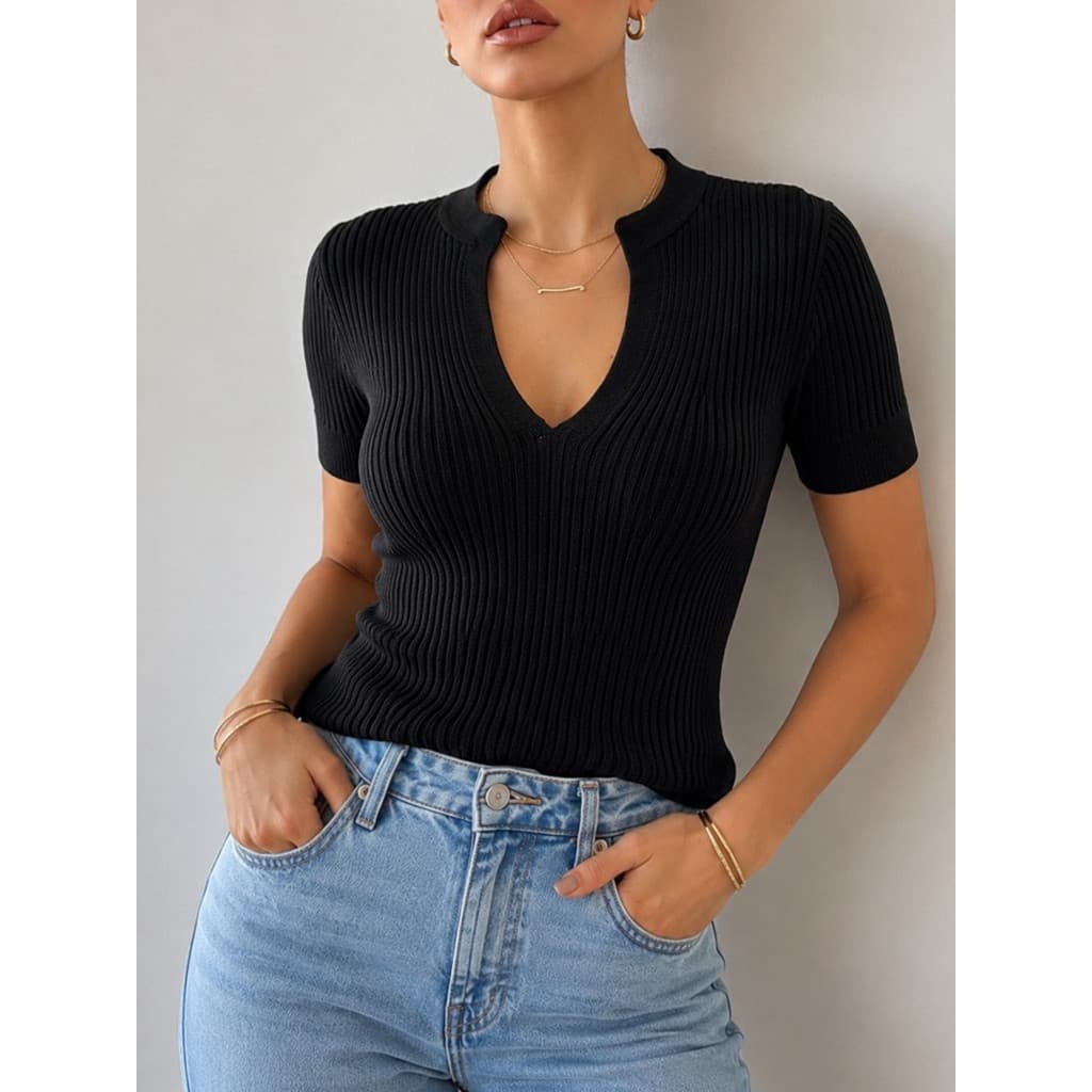 BLUSA MANGA CURTA TRICOT MODAL DECOTE GOTA TENDÊNCIA BLOGUEIRA