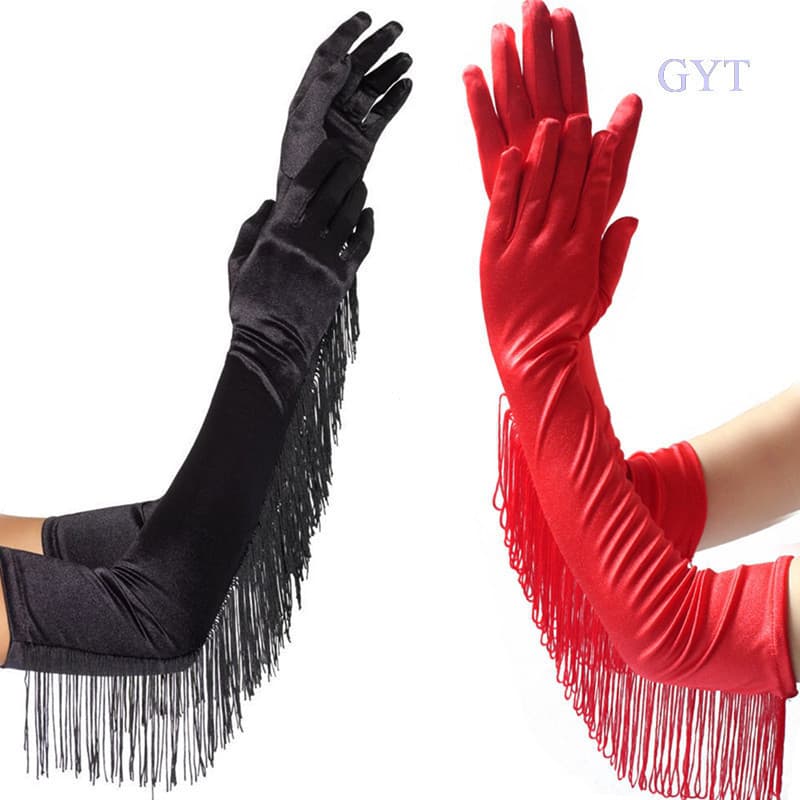Conjunto de duas peças de luvas com franjas longas GYT, acessórios elegantes de cetim com franjas, adequadas para ópera