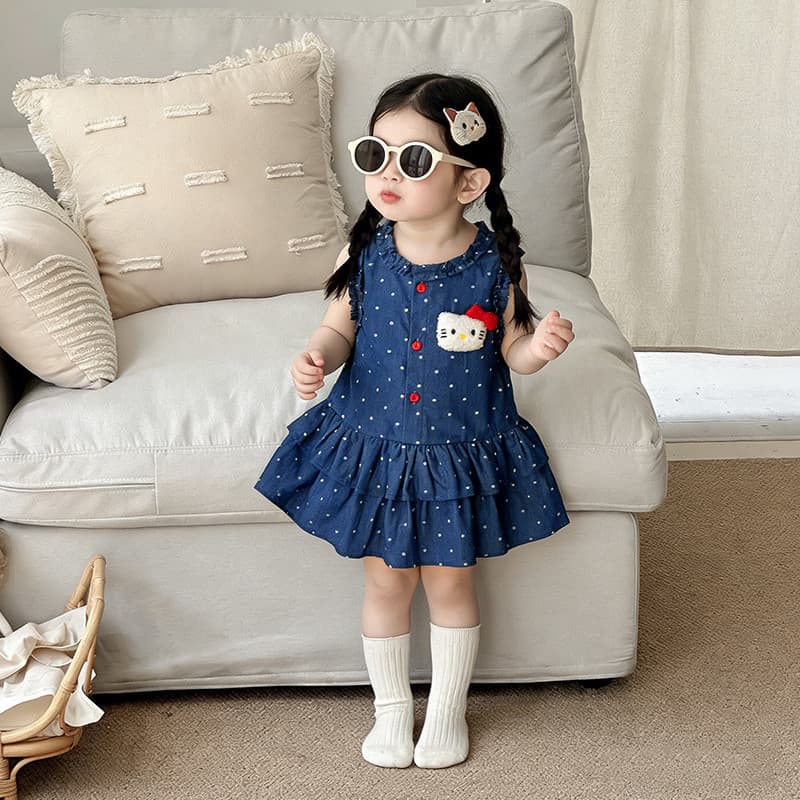 Verão bolinhas Denim meninas vestido sem mangas fungo borda saia colete saia bebê gatinho remendo vestido de princesa