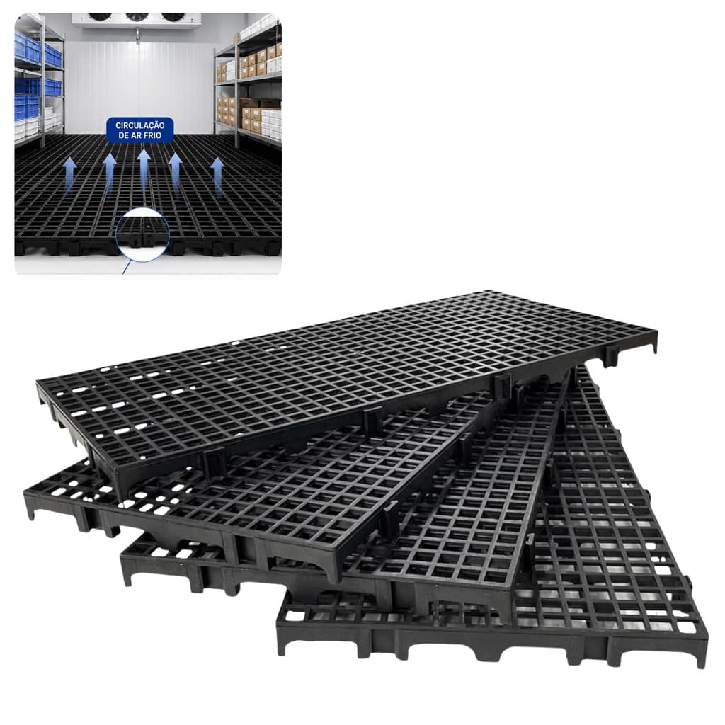 Kit 25 Palete Estrado Plástico 25x50x2,5 cm Piso Modular Preto Câmara Fria Estoque Lavanderia Açougue Cozinha Canil