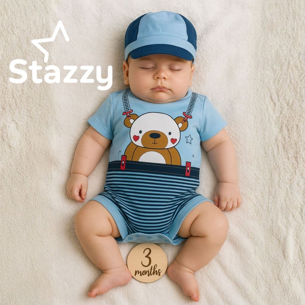 Conjunto Macacão + Boné Ursinho Curto Bebe Menino RN a 06 Meses