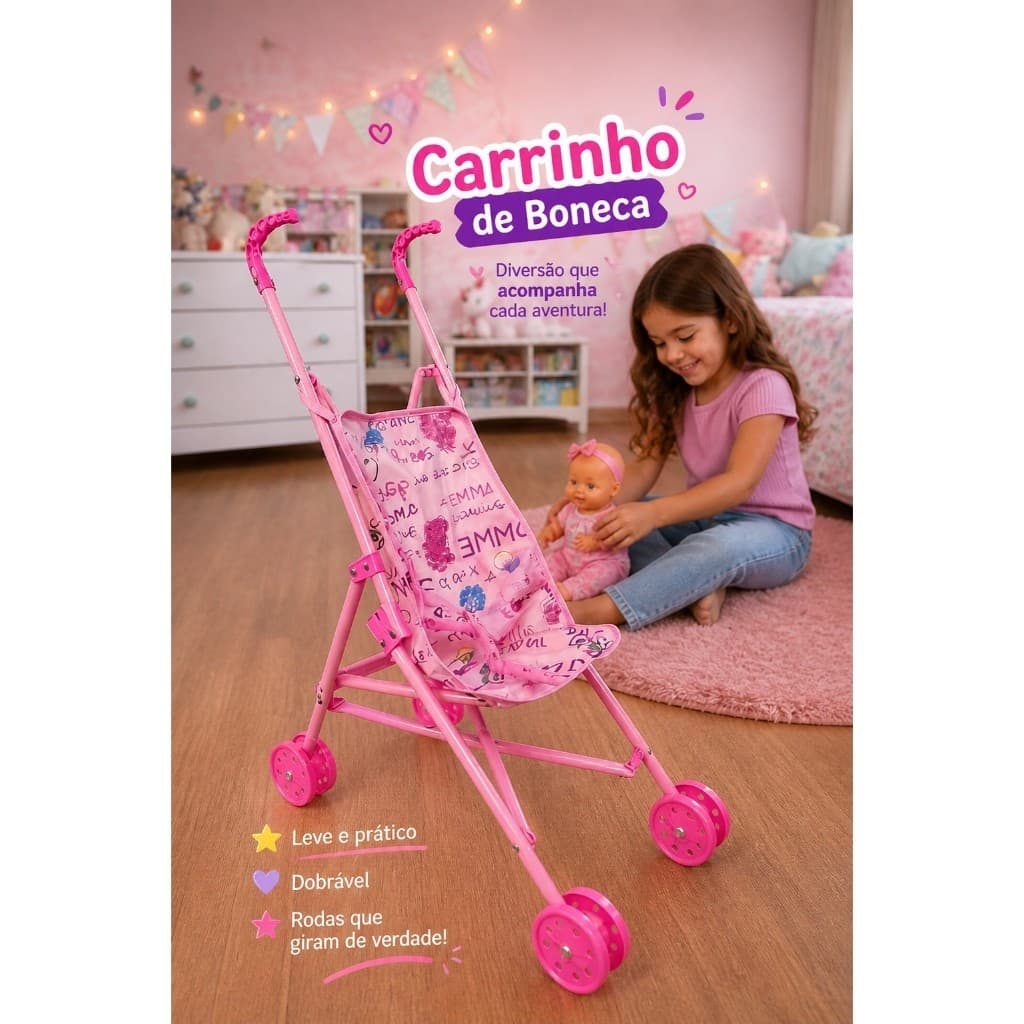 Carrinho Boneca Infantil Dobrável Portátil Resistente Brinquedo Criança Diversão