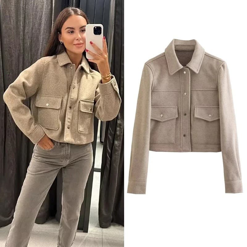 Jaqueta Bomber Cropped HXAO para Mulheres, Casaco Estilo Aviador, Casacos de Lã e Misturas, Jaqueta de Tweed para Outono