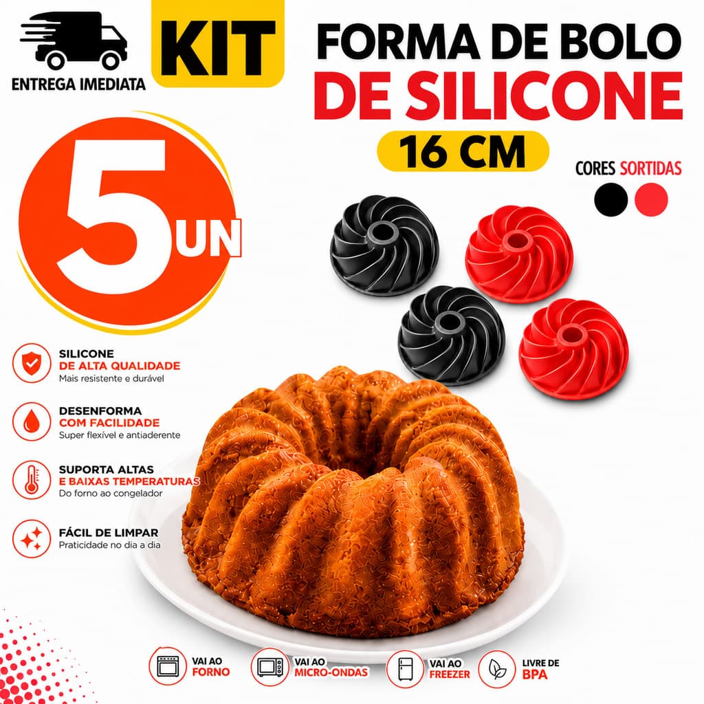 CONJUNTO FORMA SILICONE 5/4/3/2 - Forma Redonda de Silicone 16cm para Bolos e Pudins Fácil Desenforme