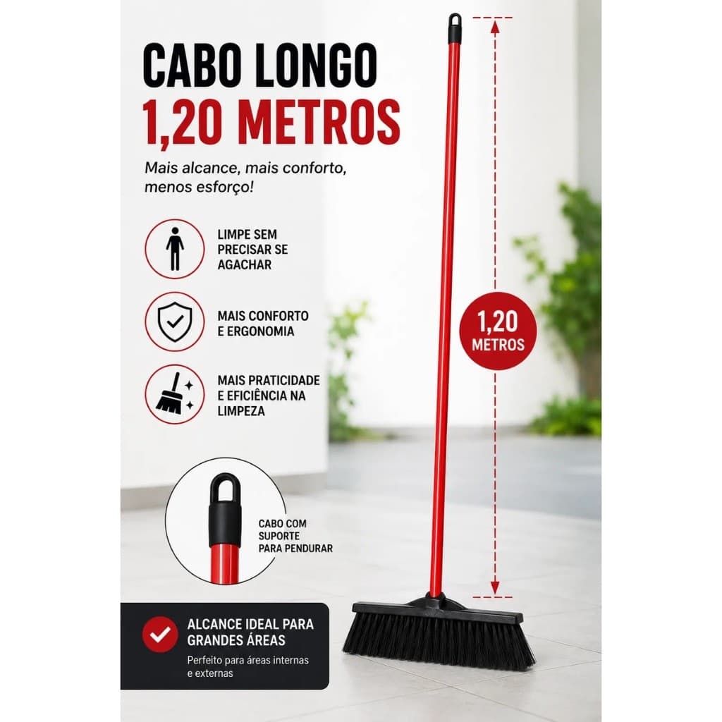 Vassoura Limpeza 60cm com Cabo Longo Cerdas em Nylon Limpeza Pesada