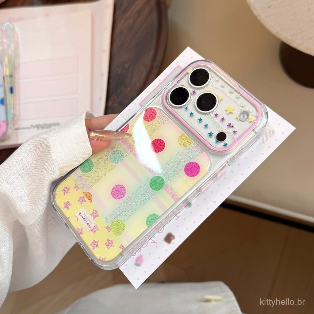 Capa de celular Dopamine Collage banhada a ouro para iPhone 17pm, transparente para iPhone 16 Pro, design coreano de bol