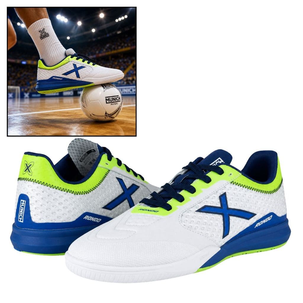 Chuteira Futsal Munich Rondo Original Masculino Quadra Branco/Azul Solado Borracha Antiderrapante MK-17