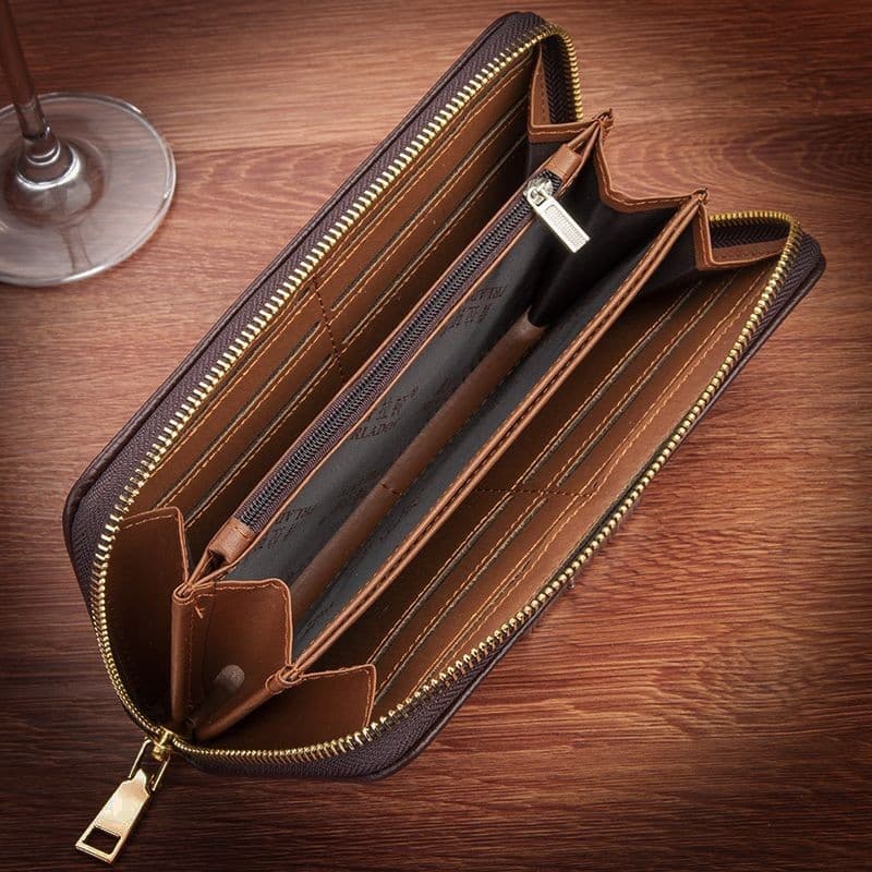 Carteira de couro genuíno de primeira camada masculina com zíper longo bolsa de couro carteira Casual de negócios