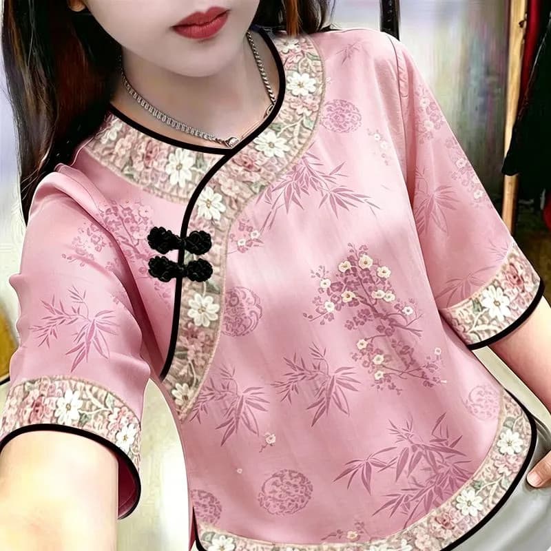 Retro novo estilo chinês flor melhorada feminina 2026 verão estilo nacional de manga curta primavera verão solto camiset