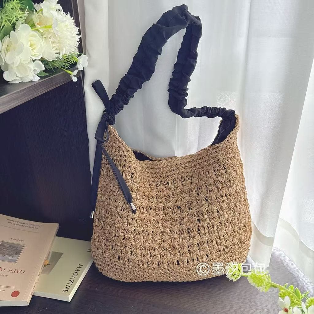 Japonês único c @ ch * primavera verão novo estilo artesanal bolsa de palha tecido bolsa de ombro arco bolsa de mão femi