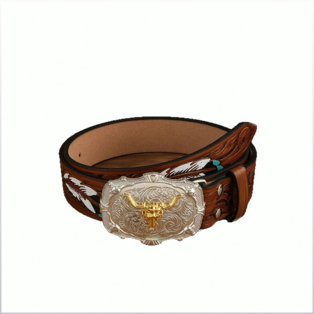 【Alta Qualidade】Cinto Masculino/Feminino com Detalhes Cowboy Ocidental/Cinto de Couro com Estampa de Cabeça de Vaca/Cint