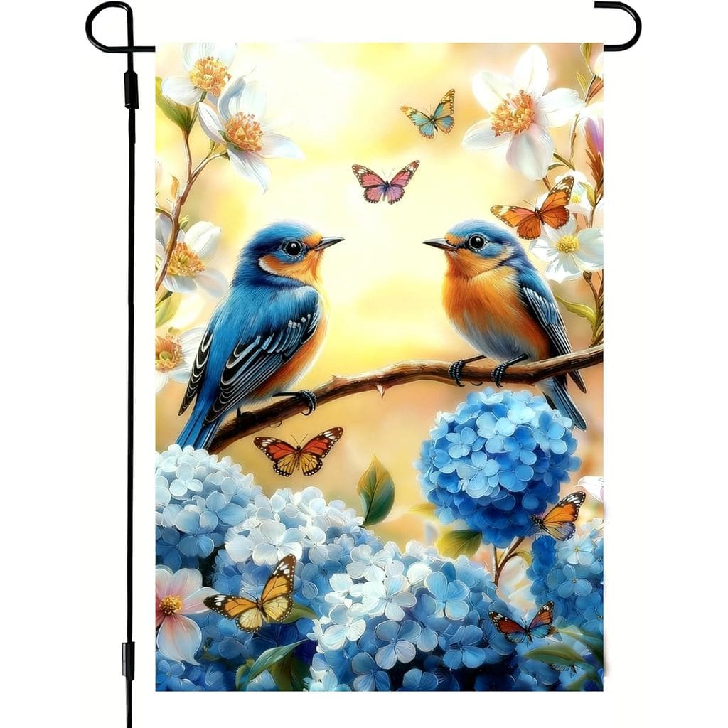 Bandeiras de Jardim com Estampa de Hortênsias e Pássaros Azuis para Primavera e Verão, 12x18, Dupla Face, Pequenas, de J