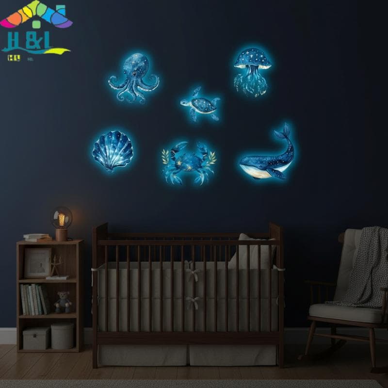 " H & L Vidro Luminoso Stiers Vida Marinha Brilha No Escuro Decalque De Banheiro Casa Decoração De Parede Para Crianças