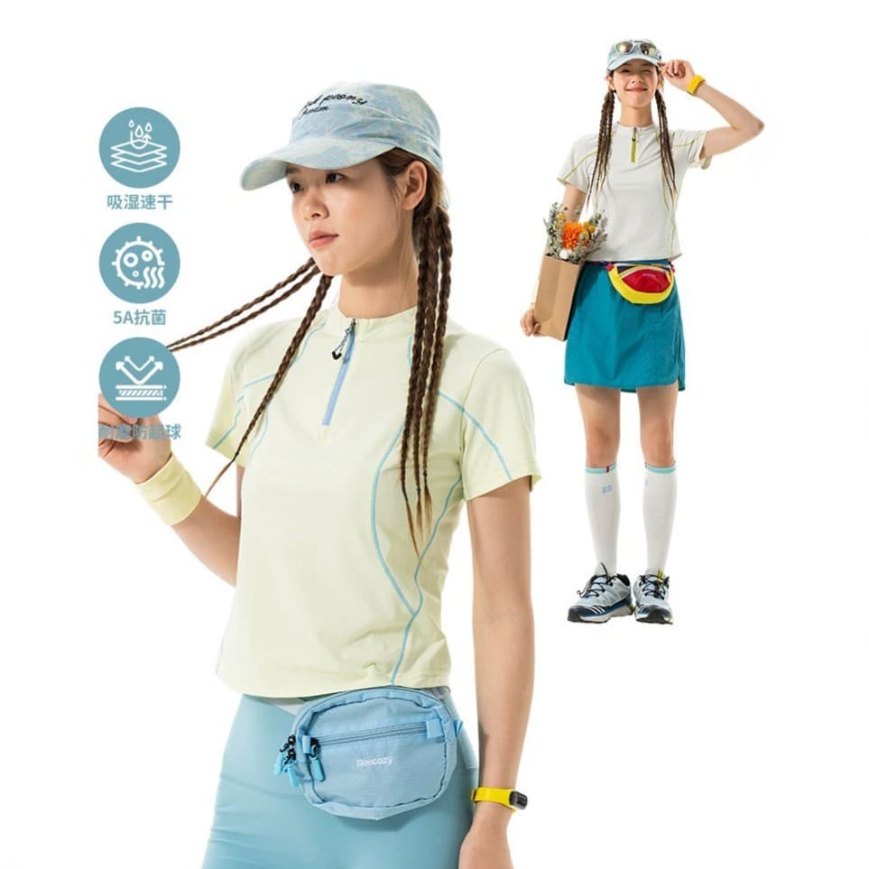 Camiseta feminina de manga curta com meio zíper, que absorve a umidade, seca rapidamente, protege do sol, top esportivo