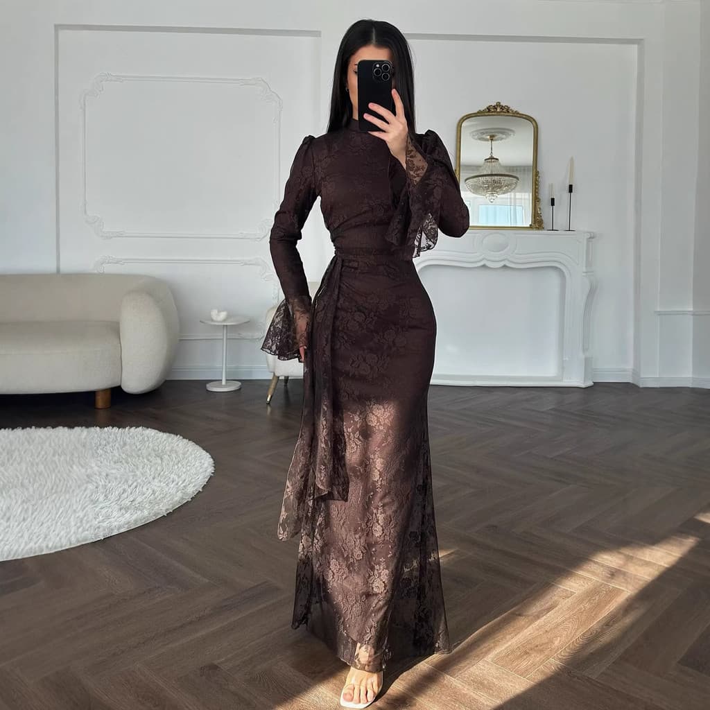 Vestido de noite saco europeu americano 2026 outono inverno elegante nádegas rendas roupas femininas
