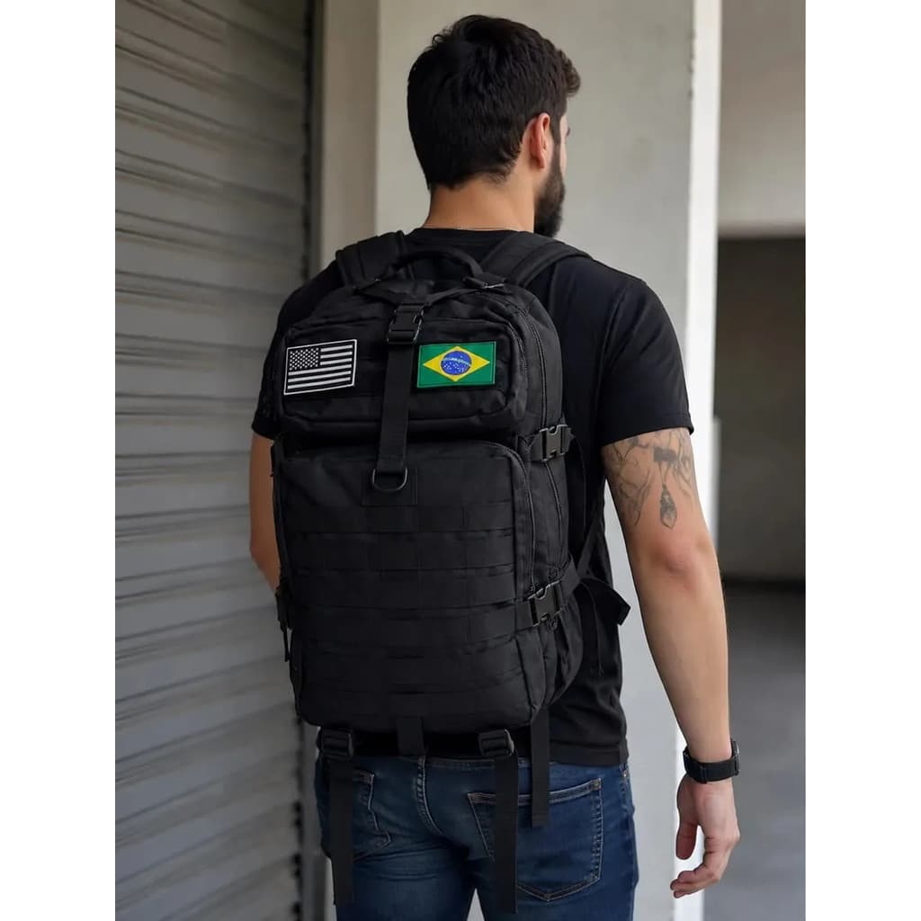 Mochila Tática Militar 50l Masculina Reforçada Viagem Camping   impermeavel Bandeira Brasil Eua Cor Preta Preto