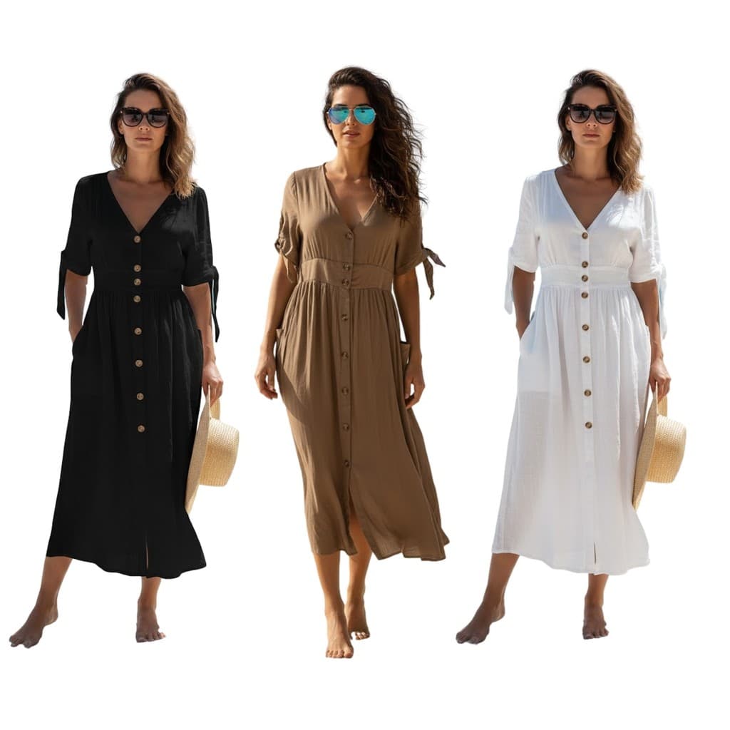 Saída de Praia Longa Elegante Vestido Feminino Moda Verão Botão 2863