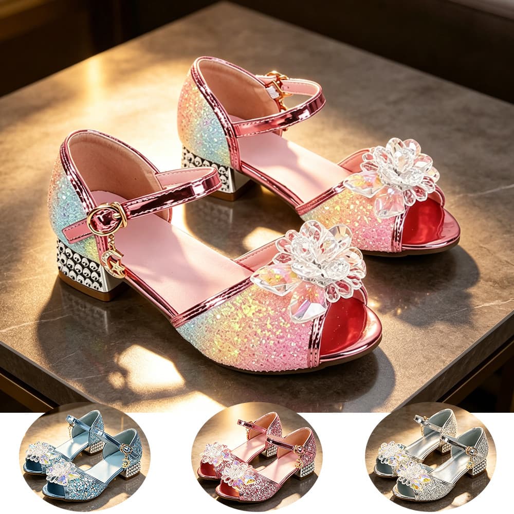 Meninas Glitter Princesa Sandálias Flor De Cristal Salto Alto Arco-Íris Rosa Azul Pageant Sapatos De Dança Festa De Casa