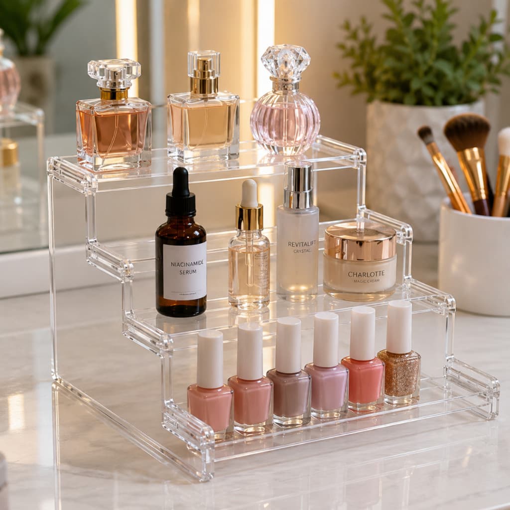 Prateleira Expositora Acrílico 4 Níveis Transparente Organizador Doces Cosméticos Colecionáveis e Decoração
