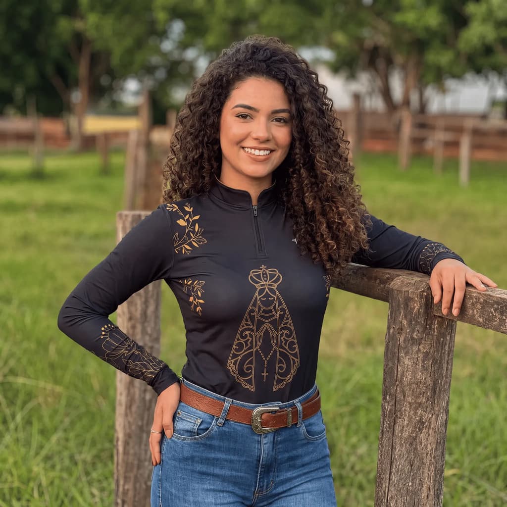 Camisa Agro Feminina Agricultura Nossa Senhora Strass Uv