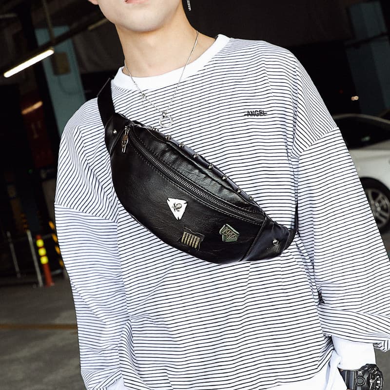 Versão coreana na moda masculina couro pequeno saco de peito Diagonal saco Casual rua saco do telefone móvel cintura sac
