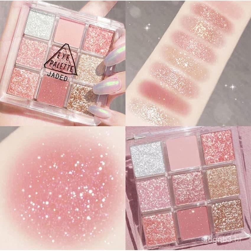 Paleta de sombras com glitter de 9 cores, sombra matte de alta pigmentação, textura cremosa, sombra natural, sombra em p