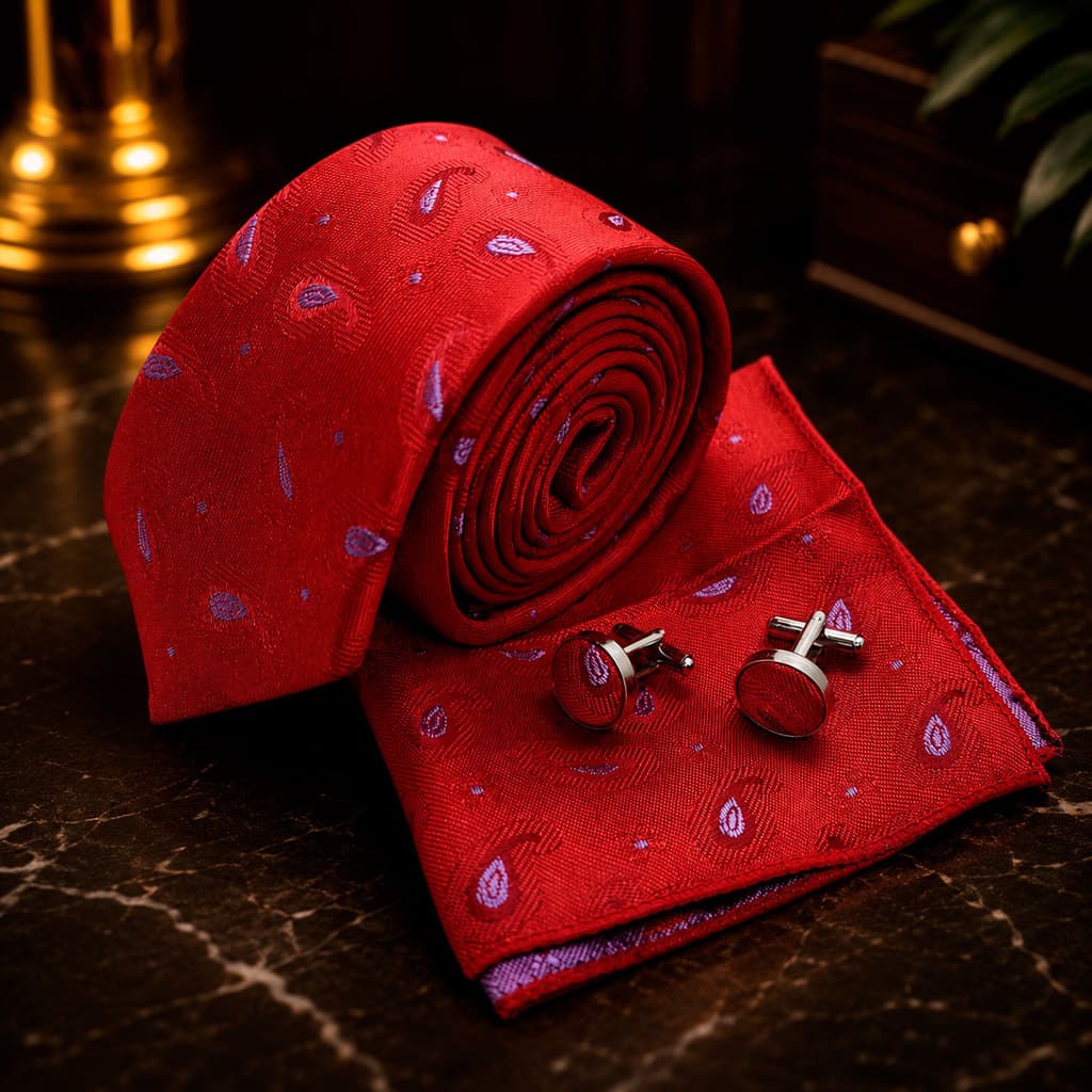 Kit Gravata Slim + Lenço de Bolso e Abotoaduras vermelho