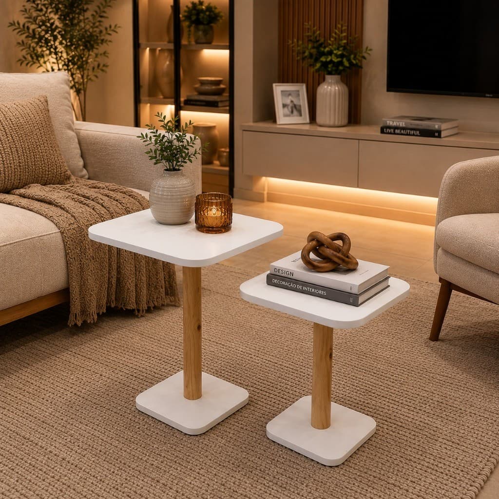 Jogo de Mesa Lateral Decorativa Moderna Quadrada MDF e Madeira Pinus Mesa de Apoio para Sala Quarto e Sofá
