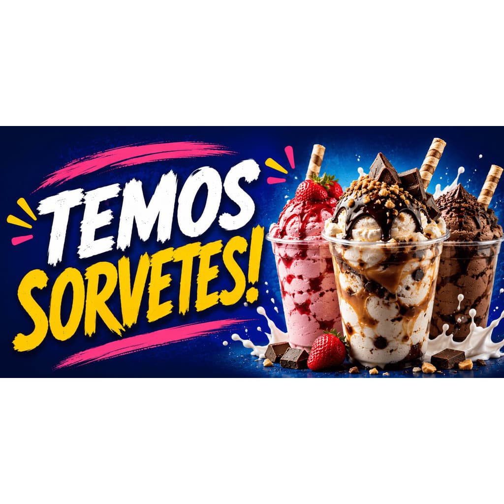 BANNER EM LONA PROPAGANDA 90X50CM COM 4 ILHÓIS ALTA QUALIDADE COPO SORVETE