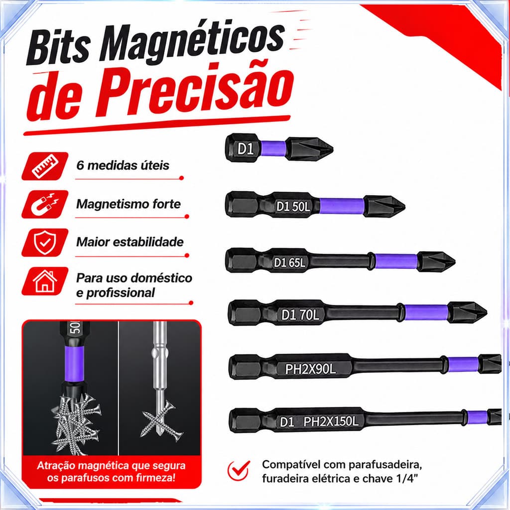 Kit 6 Bits Hexagonais Magnéticos, Compatível com Parafusadeira de Impacto
