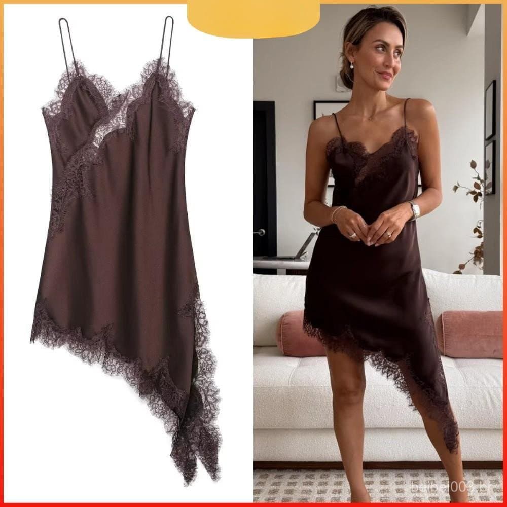 MOLYBR Vestido Feminino De Renda , Sem Mangas , Assimetria , Decote Em V , Cetim , De Festa