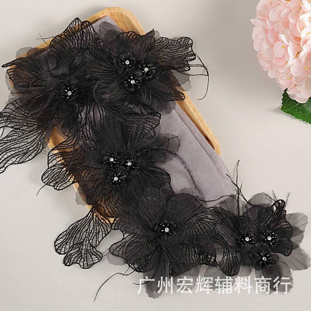 Renda francesa tridimensional bordado renda manga comprida camisola de fundo preto Corsage pétala colar flor acessórios