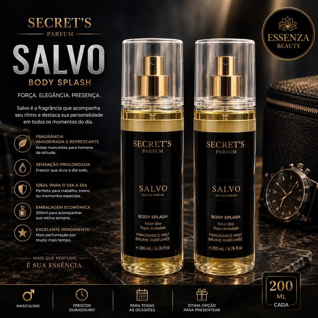 Body Splash Salvo Masculino 200ml Secret’s Parfum – Amadeirado Refrescante, Pele Perfumada e Frescor Duradouro